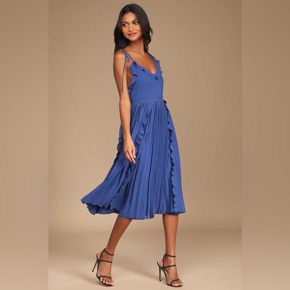 Lulus Never a Dull Moment Royal Blue Tie-Strap Pleated Midi Dress - WORN ONCE - Picture 2 of 10